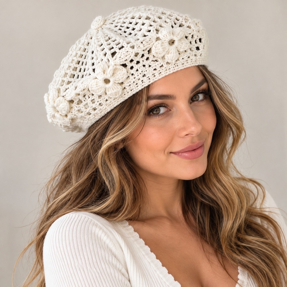 White Crochet Beret Hat Open Knit Boho Cottagecore Slouchy Tam Cap Womens